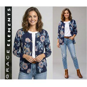 GRACE ELEMENTS - Navy floral print button up cardigan